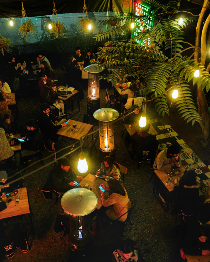 El patio de Sociedad 0306 de noche, con ampolletas colgando, plantas y estufas